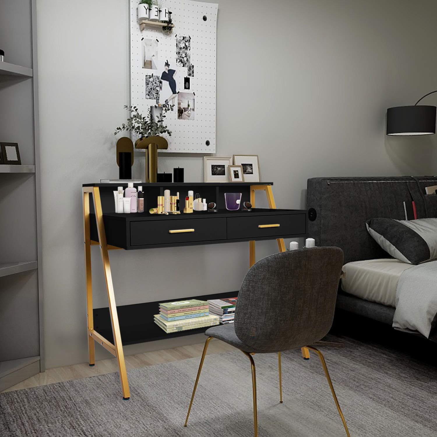 Black and Gold Modern Computer Desk Simple 39 inch Home Office Desk Writing Desk with R Shaped Metal Legs,2 Storage Drawers, Makeup Vanity Study Console Table