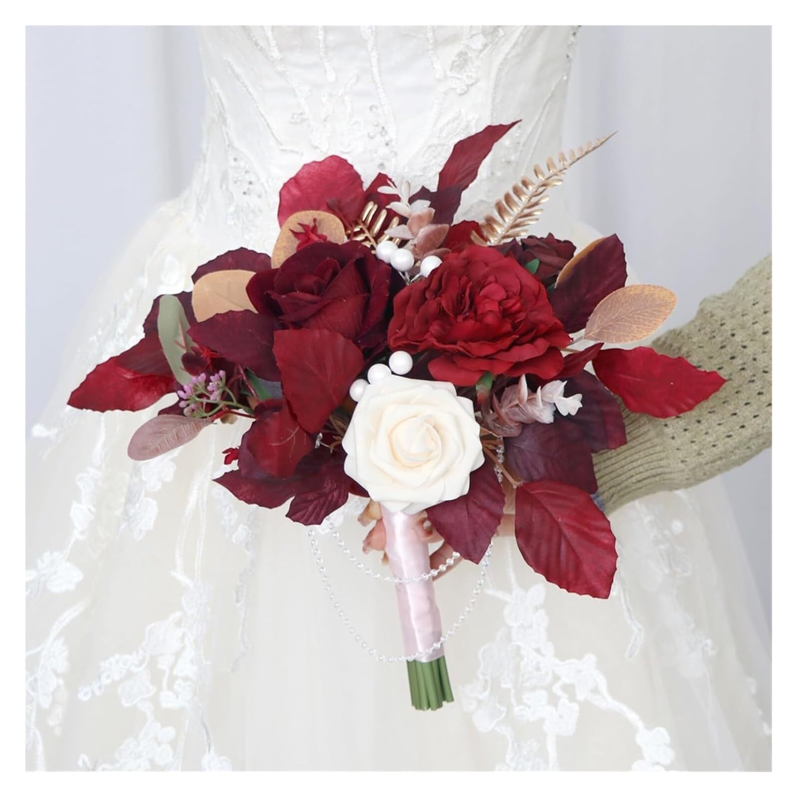 CHAKEUZND Bridal Wedding Bouquets， 13.8 Inch Red Rose Bridal Bouquets for Bride with Crystal Chain, Artificial Flower Bouquet for Wedding Ceremony Church Decor 2pcs