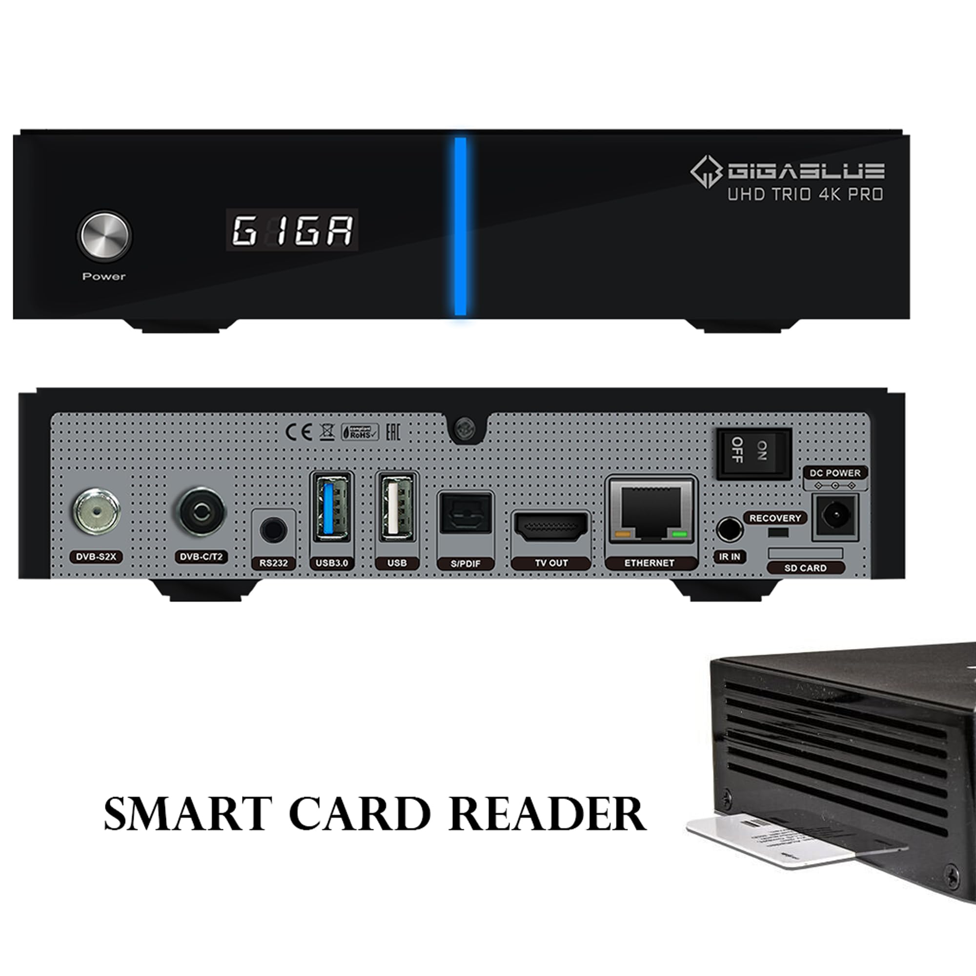 GigaBlue UHD Trio 4K PRO - 1xDVB-S2X MS + 1xDVB-C/T2 Combo-Receiver für Sat, Kabel/T2 Signal, E2 Linux TV Smart TV Box, Media Wiedergabe, PVR Funktion, 1200Mbps WiFi, HTS e-com HDMI-Kabel
