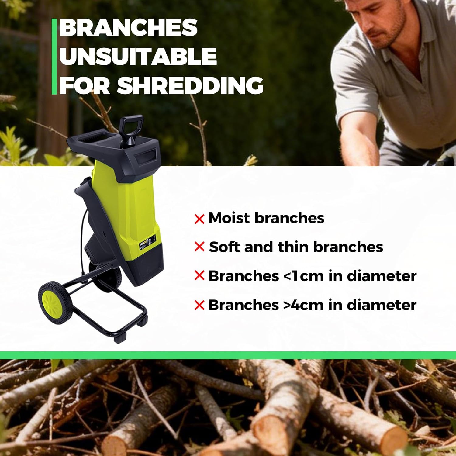 Electric Chipper Shredder mulcher, Electric Branch mulcher, 50L Collection Bag, 40mm/1,57in Branch Chipper, Small Wood Chipper, for Processing Branches, Sticks & Yard Waste Green