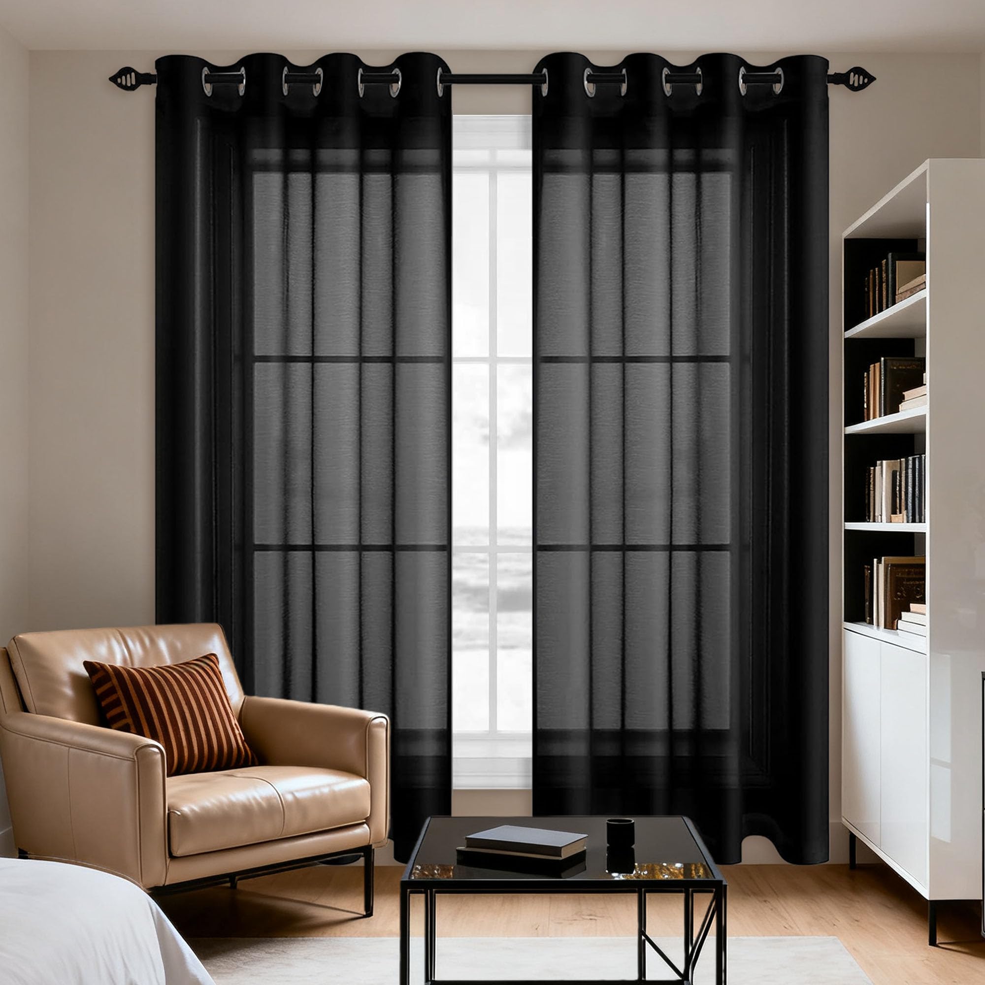 Rideaux voilages oeillet 200 x 345 cm noir anti-UV passe tringle intérieur