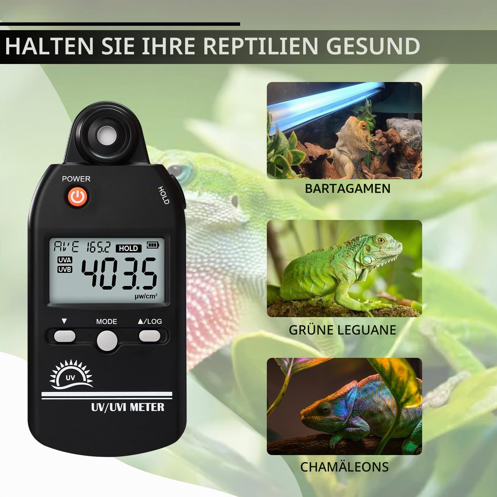 UV Meter Digital UVB Messgerät 280-400nm UV Index Meter 0-5000μW/cm² UV Detektor 100 Gruppen Datensatz für Reptilien