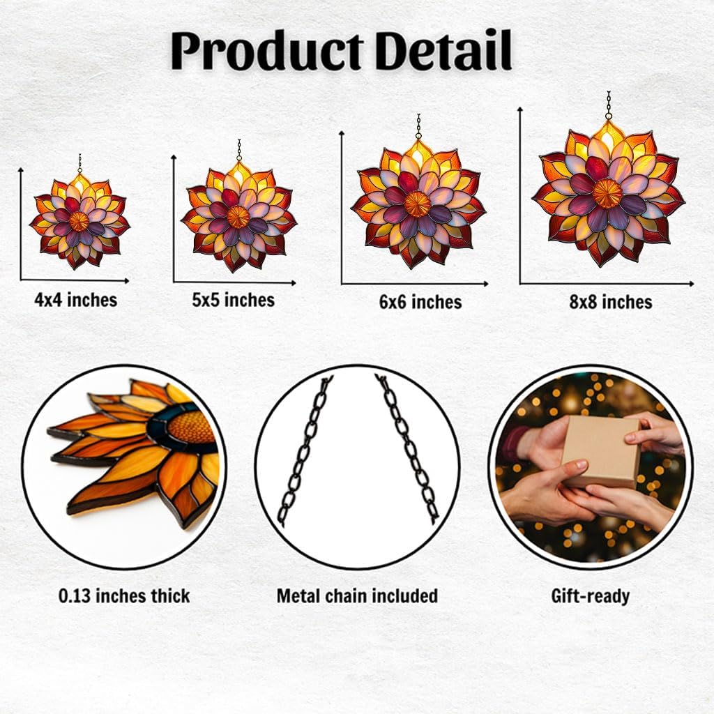Tiffany Effect Dahlia Starburst Acrylic Suncatcher Stained Glass Effect Window Car Hanging Christmas Ornament Indoor Outdoor Decor Garden Sun Catcher Panel for Floral Lover for Women Mom Grandma