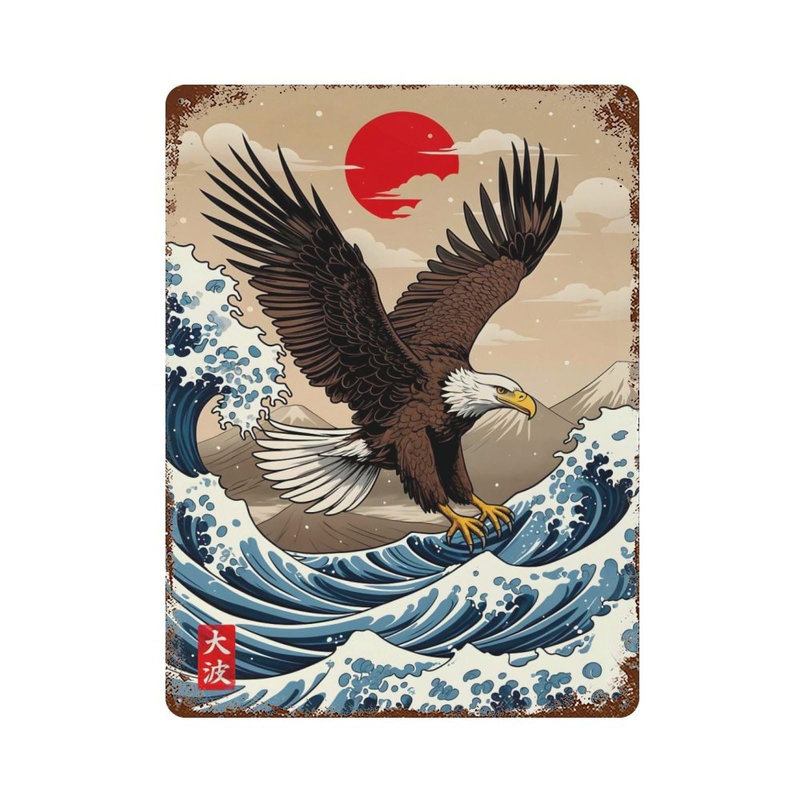 Rust Effect Tin Sign Great Wave of Eagle 15.7"x11.8", Vintage Wall Decor for Living Room, Hallway And Home Decor