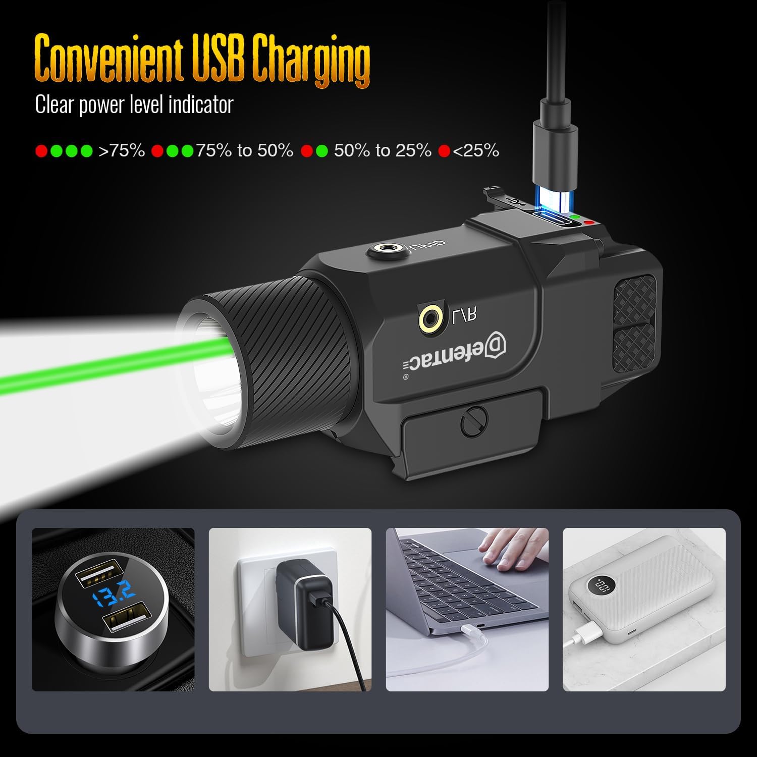 DEFENTAC 1800lm Slidable Pistol Light Laser Combo with Quick Release, Rechargeable Tactical Flashlight with Strobe/Momentary for Guns with Pic-Rail (Not for subcompact)