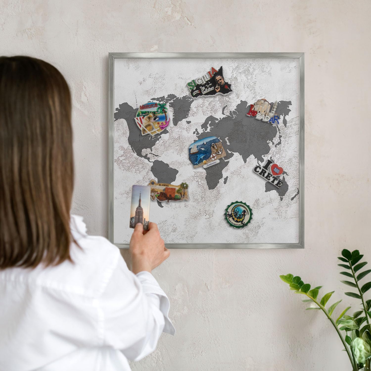 Pizarra de Menú para Restaurantes 50x50 Mappa del mondo Marco Plateado
