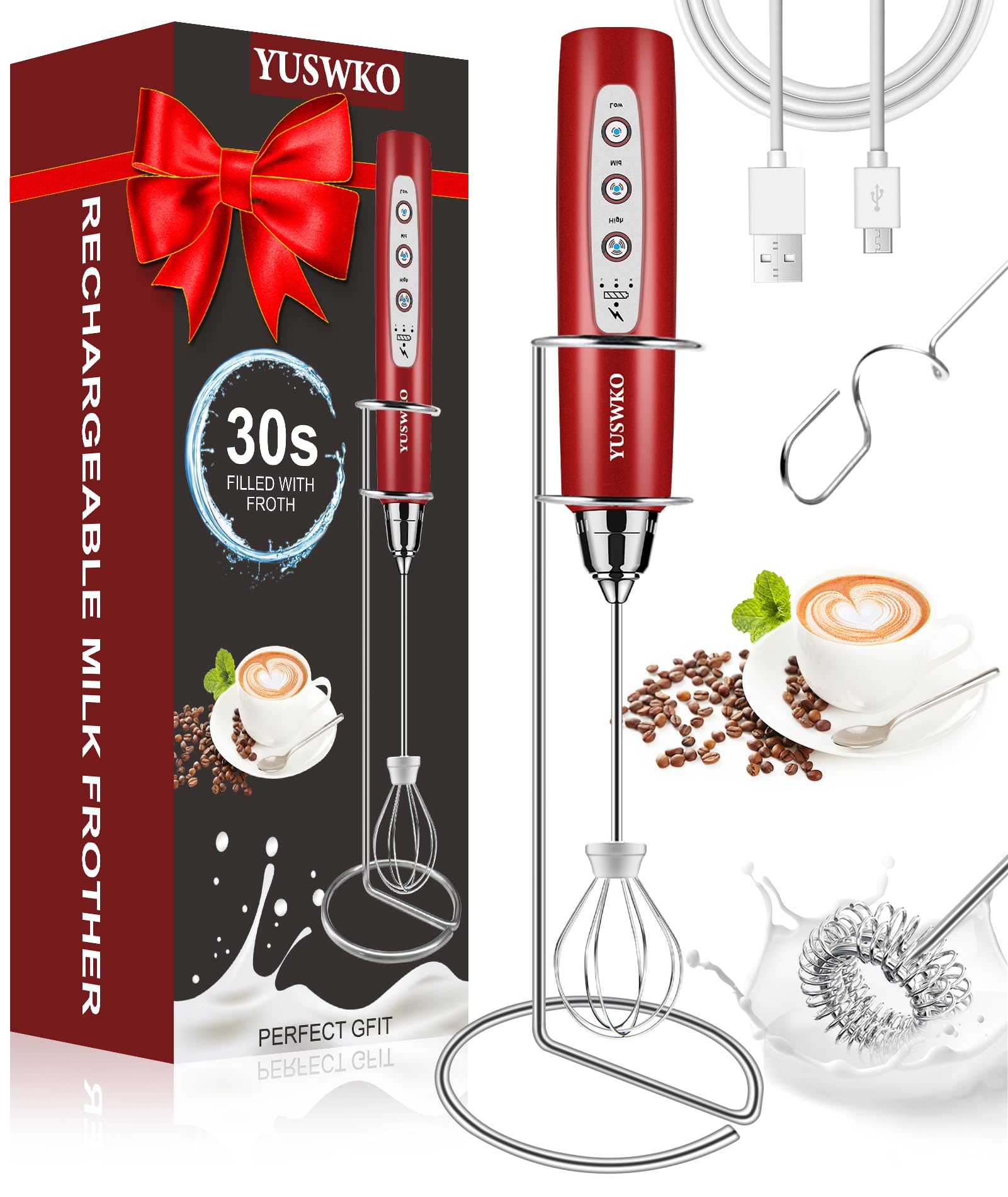 YUSWKO Milk Frother Handheld for Coffee with Stand, Rechargeable Drink Mixer with 3 Heads 3 Speeds Electric Coffee Frother Whisk, Gift for Many Occasions and Festival