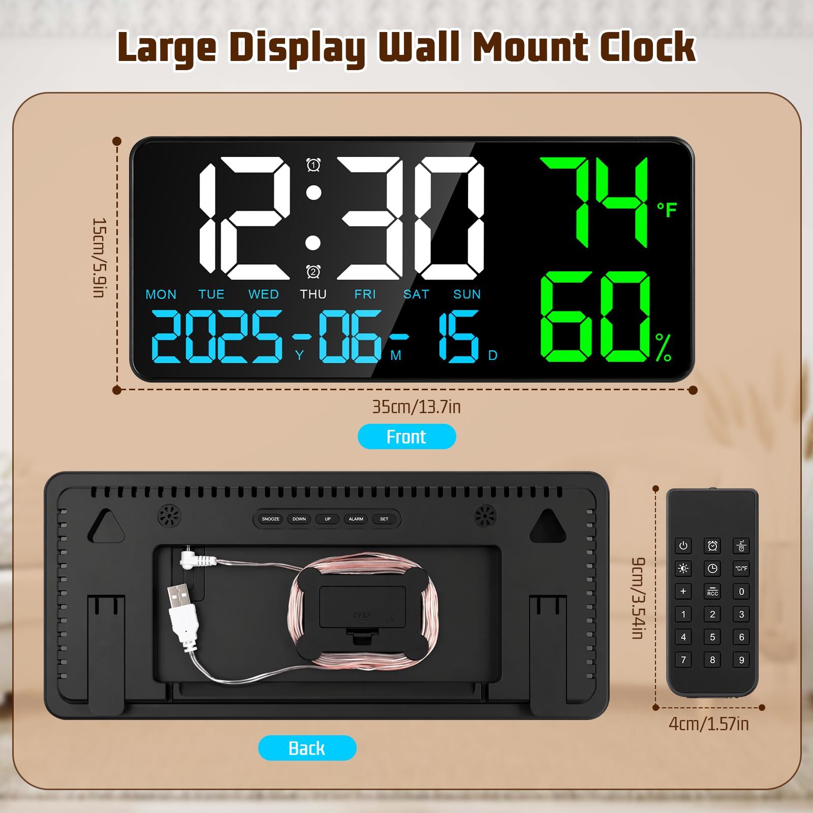 15" Orologio da Parete Digitale Grande, Orologio Digitale LED con Telecomando, Luce Notturna, Temperatura, Data, Allarme, Dimmer, 24/12 H, per Soggiorno, Camera da Letto, Ufficio