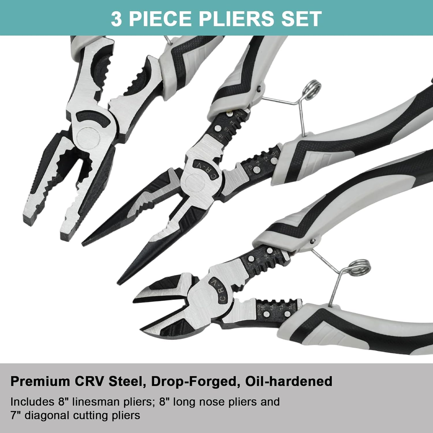 3 PCS Pliers Set, Wire Stripper Crimper Cutter, Long Nose Pliers, Diagonal Cutters for Basic Repair
