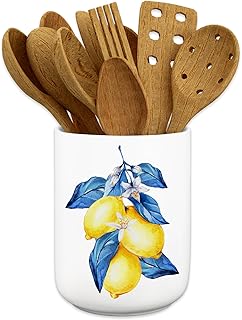 Lemon Kitchen Decoration Ceramic Utensil Holder Yellow Blue Lemon Utensi...