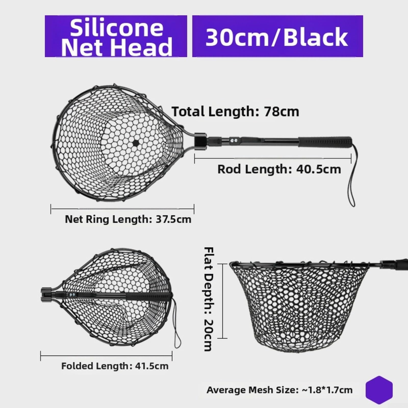 Rete pieghevole retino con maglia in silicone, impugnatura antiscivolo, portata fino a 6,3 kg, per la pesca, gancio per il fissaggio