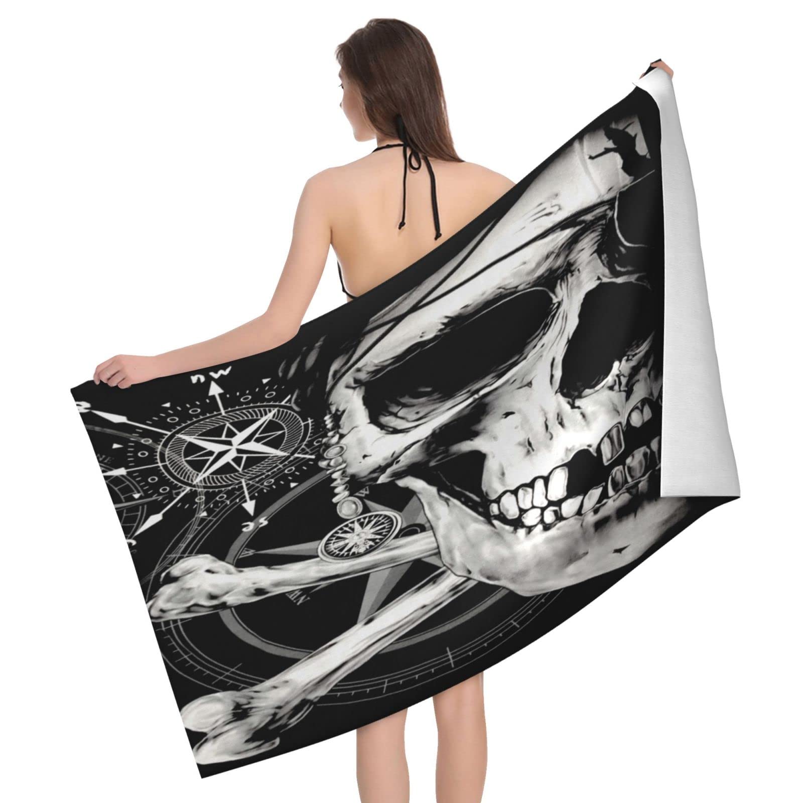 Lawenp Skull and Compass Beach Towel, Lightweight Sand Free Quick Dry Microfiber Absorbent Bath Towel for Kids, Adults, Swimming, Bath, Yoga, Pool, Travel, Camping 32"X52"