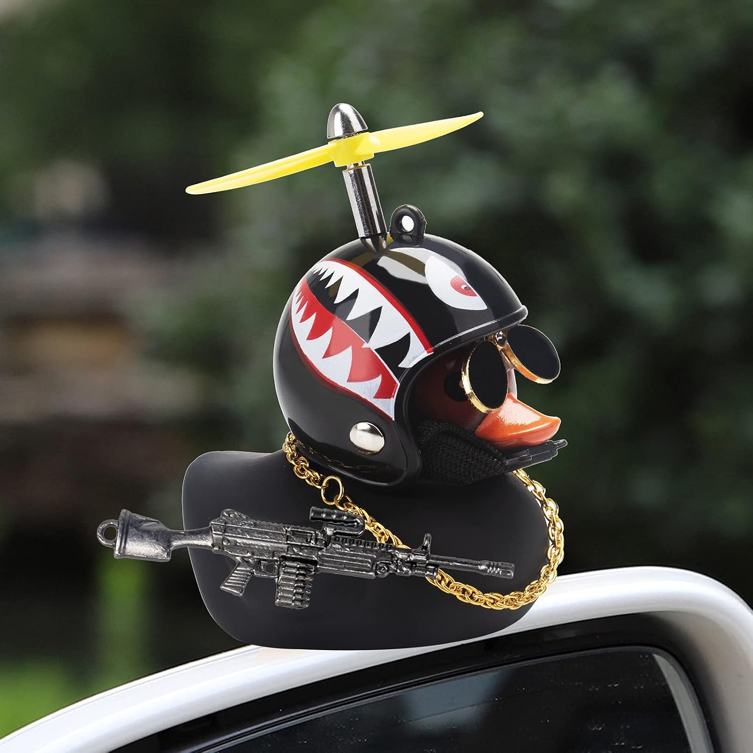 wonuu Rubber Duck Car Ornaments Pink Duck Car Dashboard Decorations Set with Propeller Helmet, Sunglasses, Gold Chain (T-Shark-Black G)