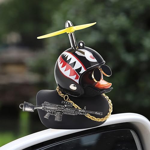 Miniatura 6 de wonuu Adornos de pato de goma para tablero de automóvil, juego de decoraciones de pato rosa con casco de hélice, lentes de sol y cadena dorada