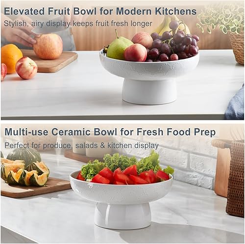 Miniatura 6 de ONEMORE Frutero de cerámica, cuenco grande de pedestal extraíble blanco de 10 pulgadas para encimera de cocina, cuenco de frutas moderno con pies