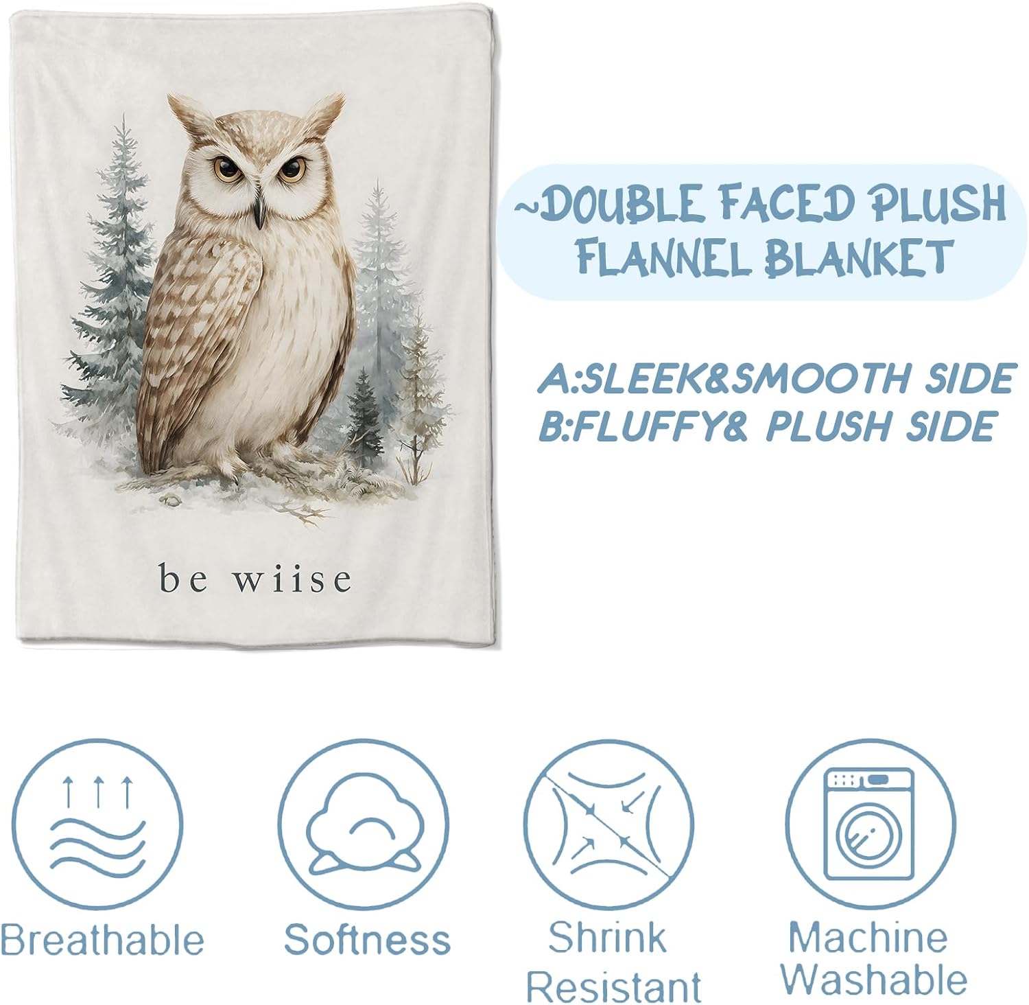 Watercolor Owl Blanket,Inspirational Gifts for Animal Lovers,Soft Lightweight Flannel Throw Blankets,Realistic Bird Forest Throws Home Decor,for Camping Living Room Office,60x50inch image 3
