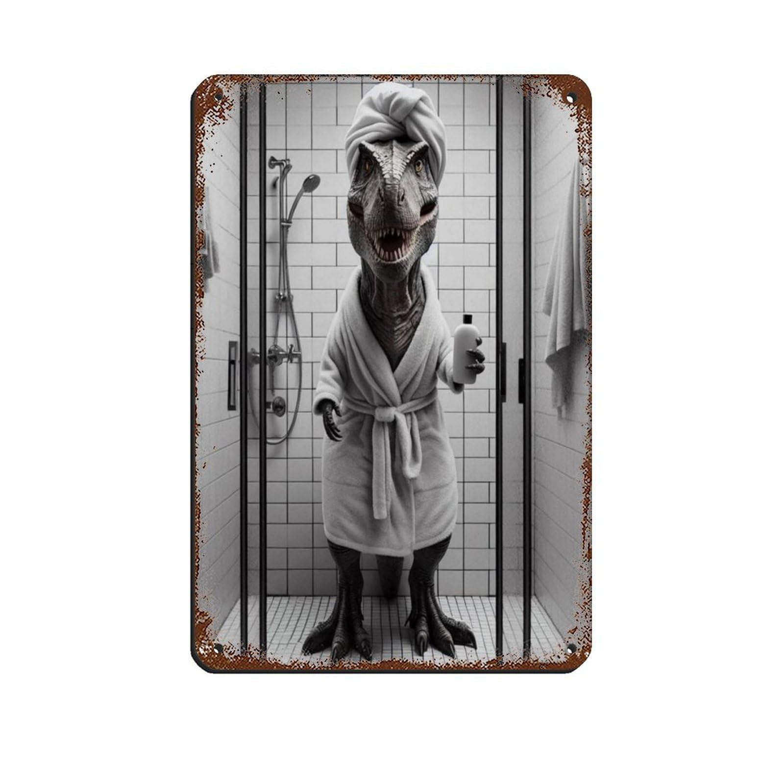 Dino in Bathrobe Taking Shower Retro Poster Metal Tin Sign Chic Art Retro Iron Painting Bar People Cave Cafe Family Garage Poster Wall Decoration 8x12inch(20x30cm)