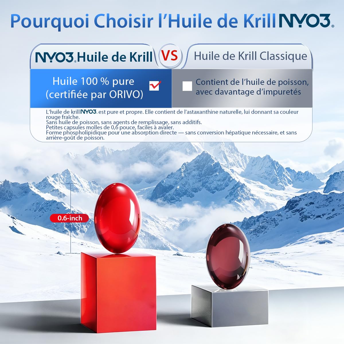 NYO3 Huile de Krill Pure d'Antarctique 1000mg Oméga-3, 56% de Phospholipides pour une Absorption Optimale des Nutriments, Complexe Choline et Astaxanthine pour le Cœur et le Cerveau, 90 Gélules
