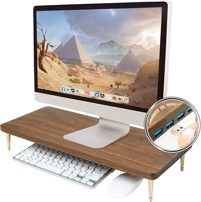 Monitor Stand with 4 USB Ports Walnut Wood Riser for iMac Laptop Computer Monitor – A Sturdy Computer Stand to Elevate Your Screen and Reduce Eye Strain and Maintain Body Position