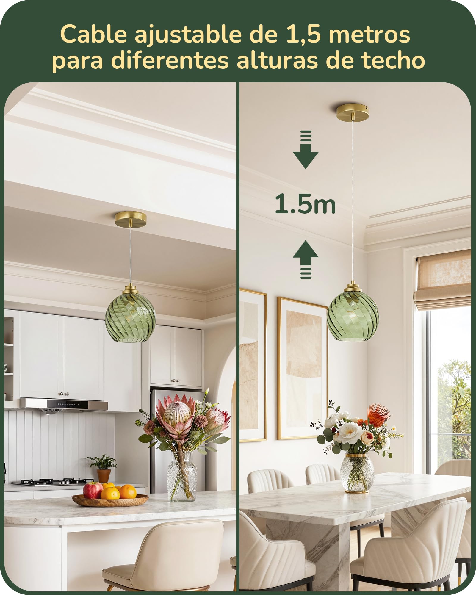 EDISHINE Lámpara Colgante Cristal Ondulado, Verde Menta, Regulable 1,5 m