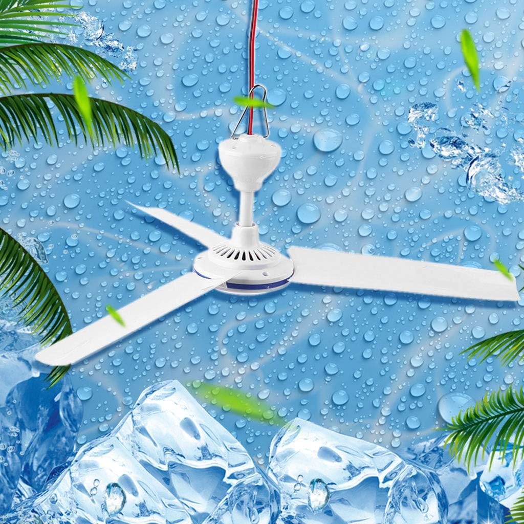 3 Leaves 12V Ceiling Fan Air Cooler Hanging Battery Powered 19.6inch Tent Fans for Camping Outdoor Dormitory Home Bed