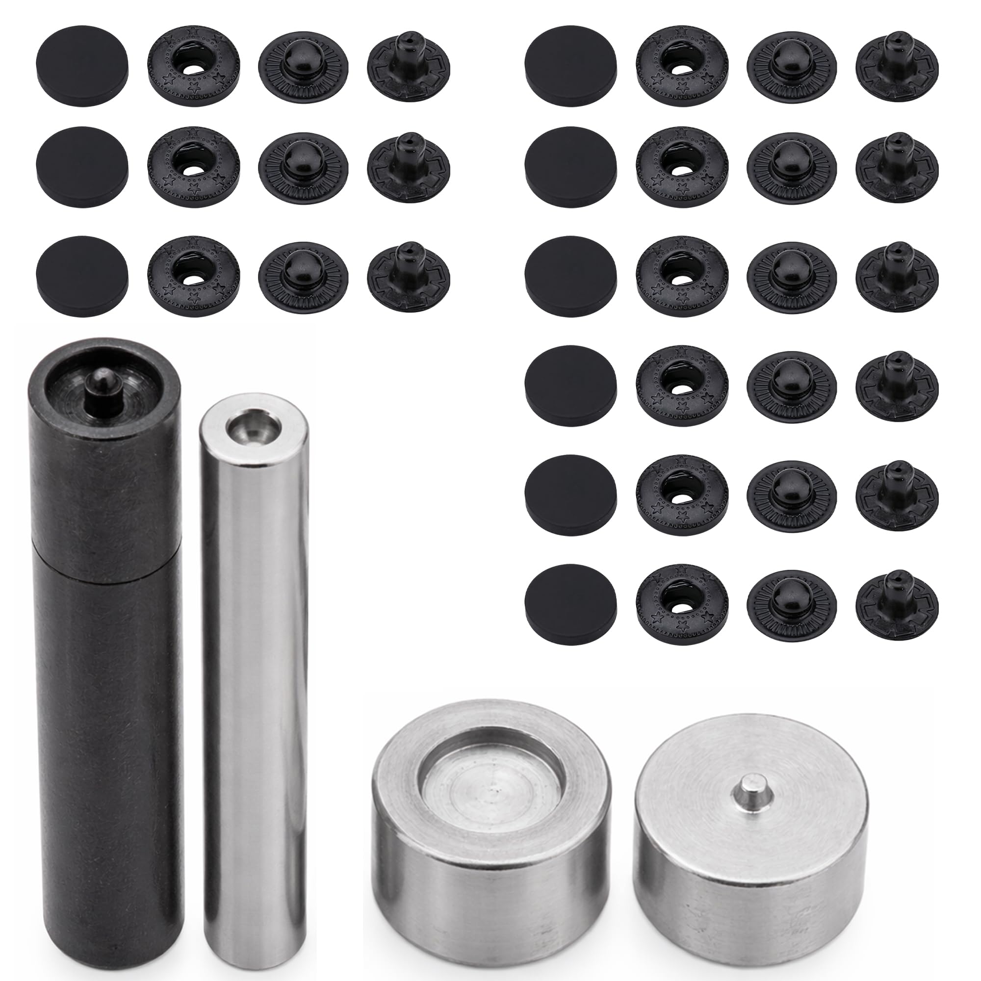Trimming Shop S Spring Press Studs Snap Fasteners Kit with Hand Fixing Tool, Metal Fasteners with Alloy Cap for DIY Leathercraft, Clothing Repair, Jacket, Handbag (15mm, Black, 20pcs)