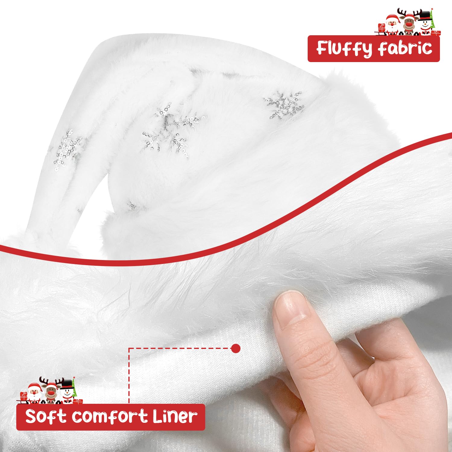 ZALAON White Christmas Hat, White Plush Santa Hat with Snowflake for Kids Adults Cosplay Fancy Dress Xmas Parties - Image 3