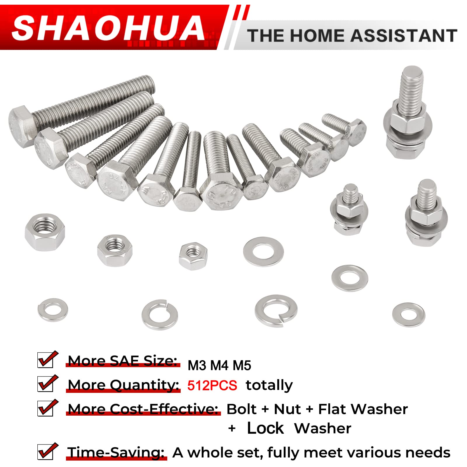 512 Stück M3 M4 M5 Edelstahl Muttern und Bolzen Set mit flachen Sechskantschrauben, Muttern, Unterlegscheiben und Flachdichtung, metrische Schrauben Sortiment