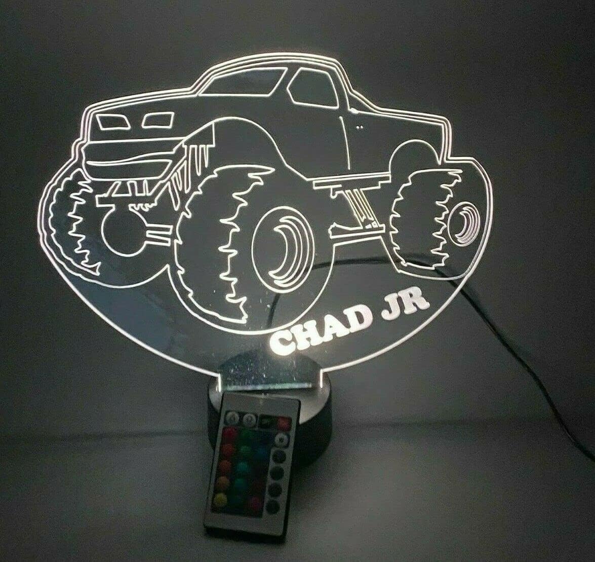 Monster Truck 4x4 Offroad Vehicle Shape Design Engraved Boys Room Decor Personalized Night Light Up Table Desk Lamp LED, 16 Color Changing Options, Birthday, Christmas, Holiday Gift, Made in America