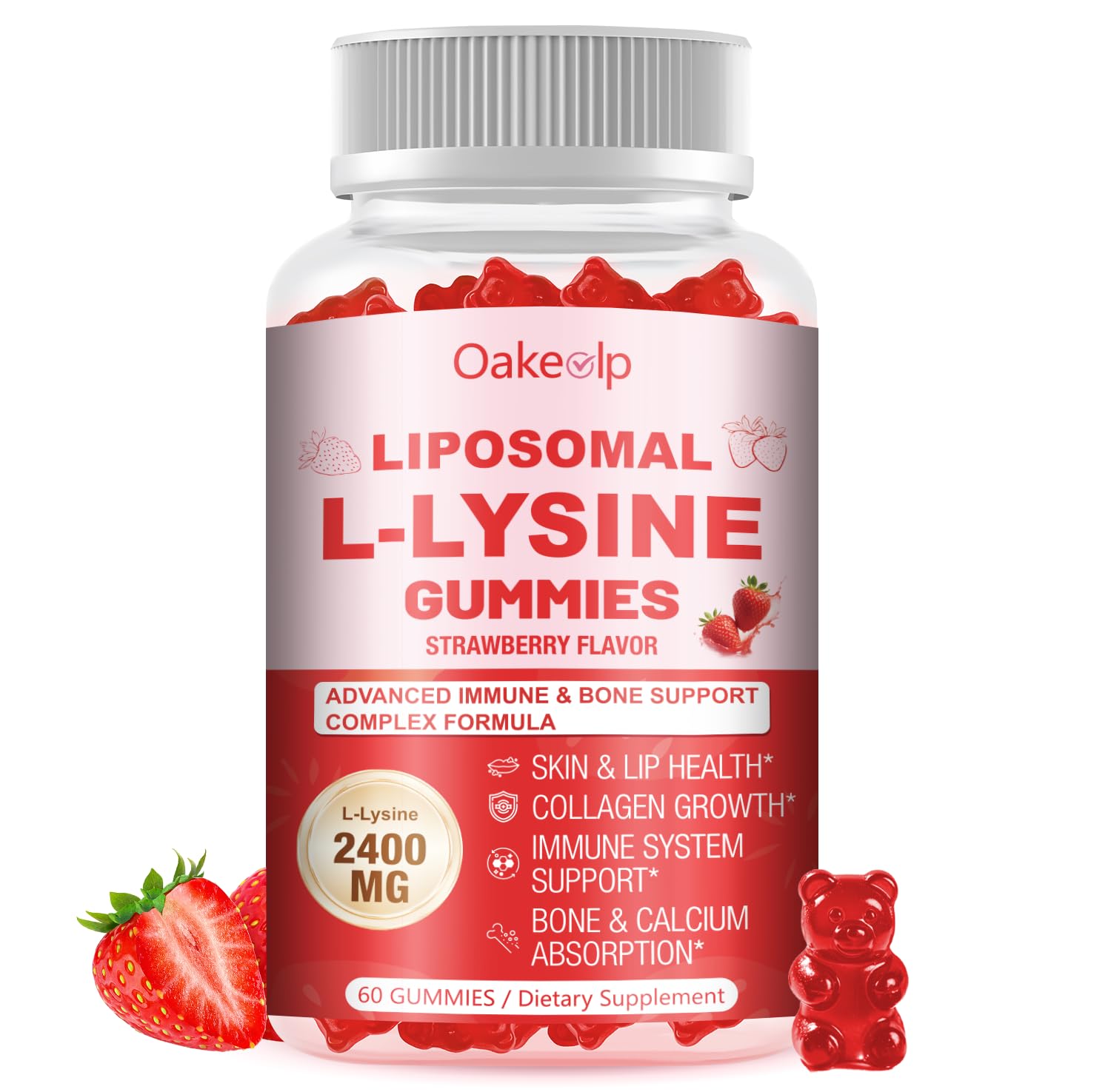 Oakevlp Gomas de L-Lisina 2400 mg e Vitamina C 1000 mg com D3, K2, Zinco, Magnésio e Equinácea — 60 gomas