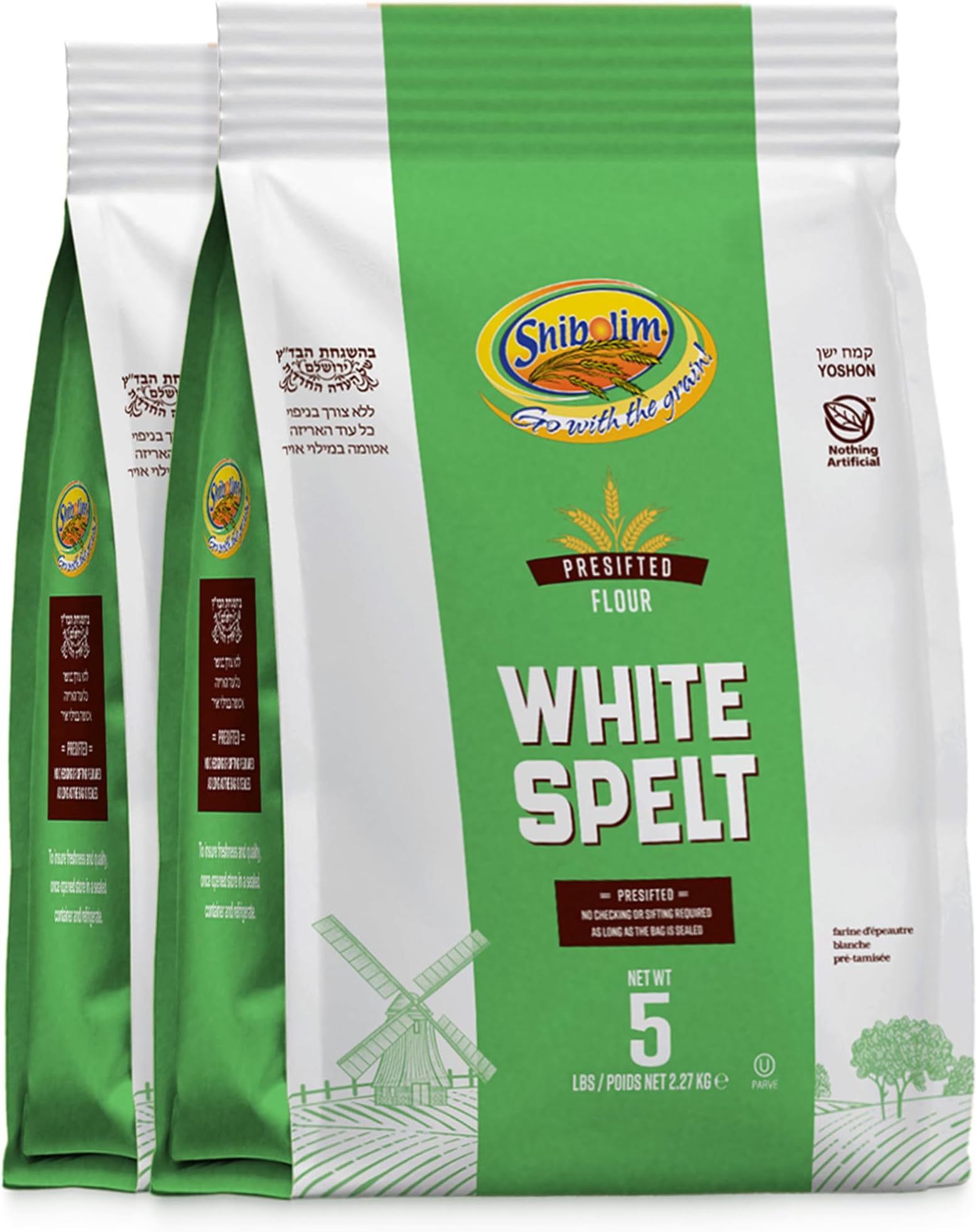 Shibolim Stone Ground White Spelt Flour, 5 Lb (2 Pack) | Triple Sifted Flour | 100% Whole Grain | Great Sourdogh Bread Flour | Kosher Certified
