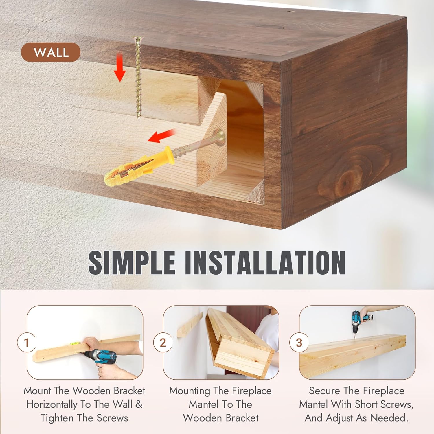 Fireplace Mantle Shelf - 60×8×5Inch Handcrafted Wall Floating Mantel Shelf for Over Fireplace - Rustic Traditional Wooden Fireplace Mantels with Invisible Heavy Duty Wood Bracket