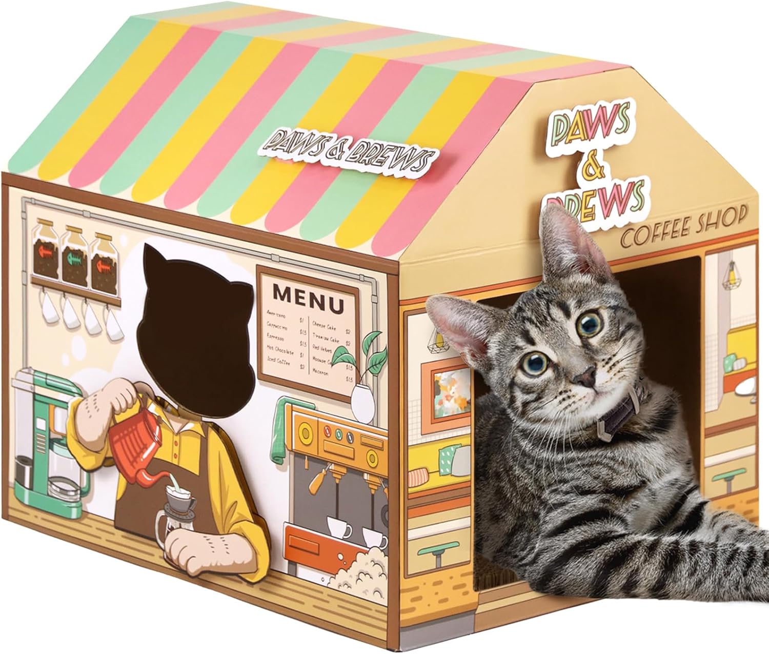 SEKAM Cardboard Cat House With Scratcher (16.5” x 12” x 15”) ，Coffee Shop for Indoor/Outdoor Cats, Play House & Home Decor, Cat Scratch Toy for Birthday, Hideout for Small Animals