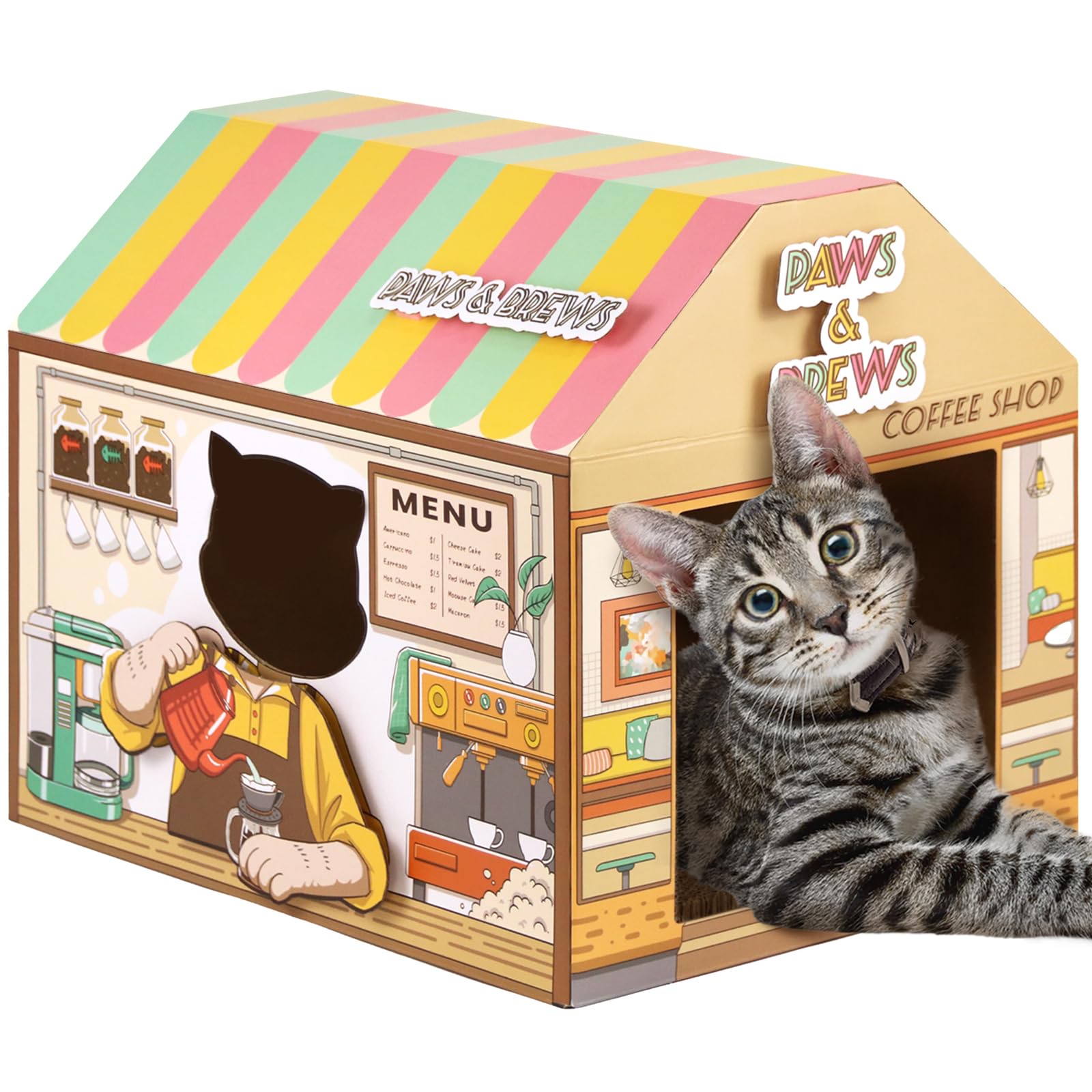 SEKAM Casa de cartón para gatos con rascador/hierba gatera, (16.5 x 12 x 15 pulgadas) tienda de donas de gatito para gatos en interiores y exteriores, casa de juego para gatos y decoración del hogar,