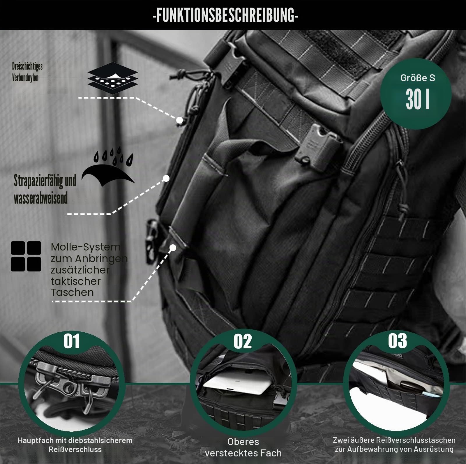 Miramrax Gym-Tasche Duffle-Taschen Rucksack - Reise-Wochenendtasche für Männer Frauen Trainingstasche für Militär, Sport, Übernachtung, Basketball, taktisch, Fußball, wasserdicht & reißfest, Schwarz