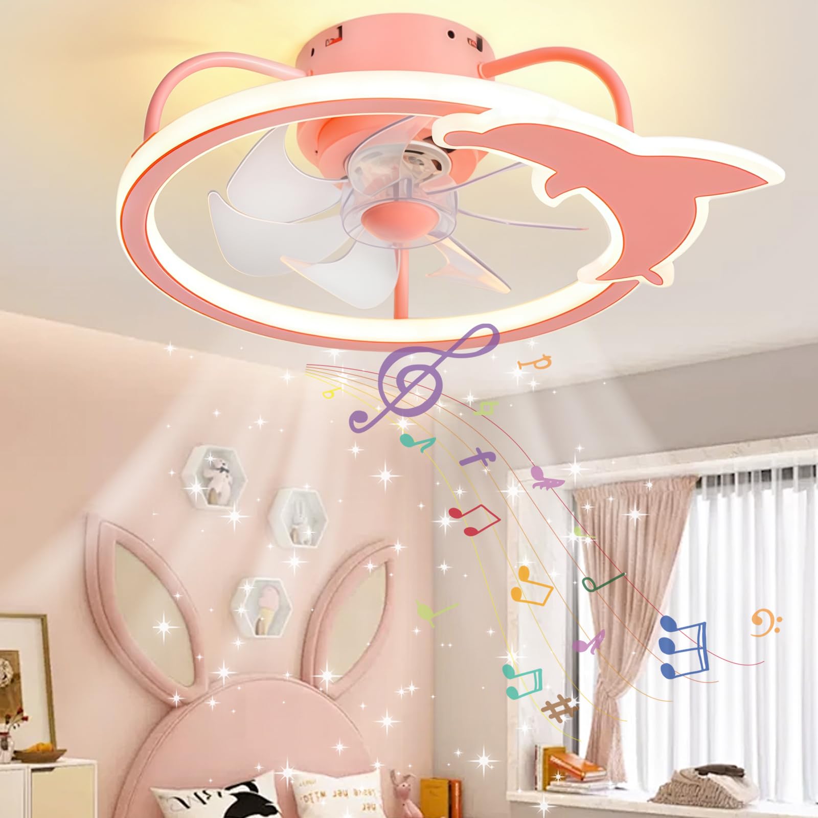 SXDMOUBK Dolphin Ceiling Fans with Lights and Remote for Kids Room, with Bluetooth Speaker, Quiet Ceiling Fans with Lamps Reversible DC Motor, Fan Light Ceiling for Living Room, Bedroom-Blue