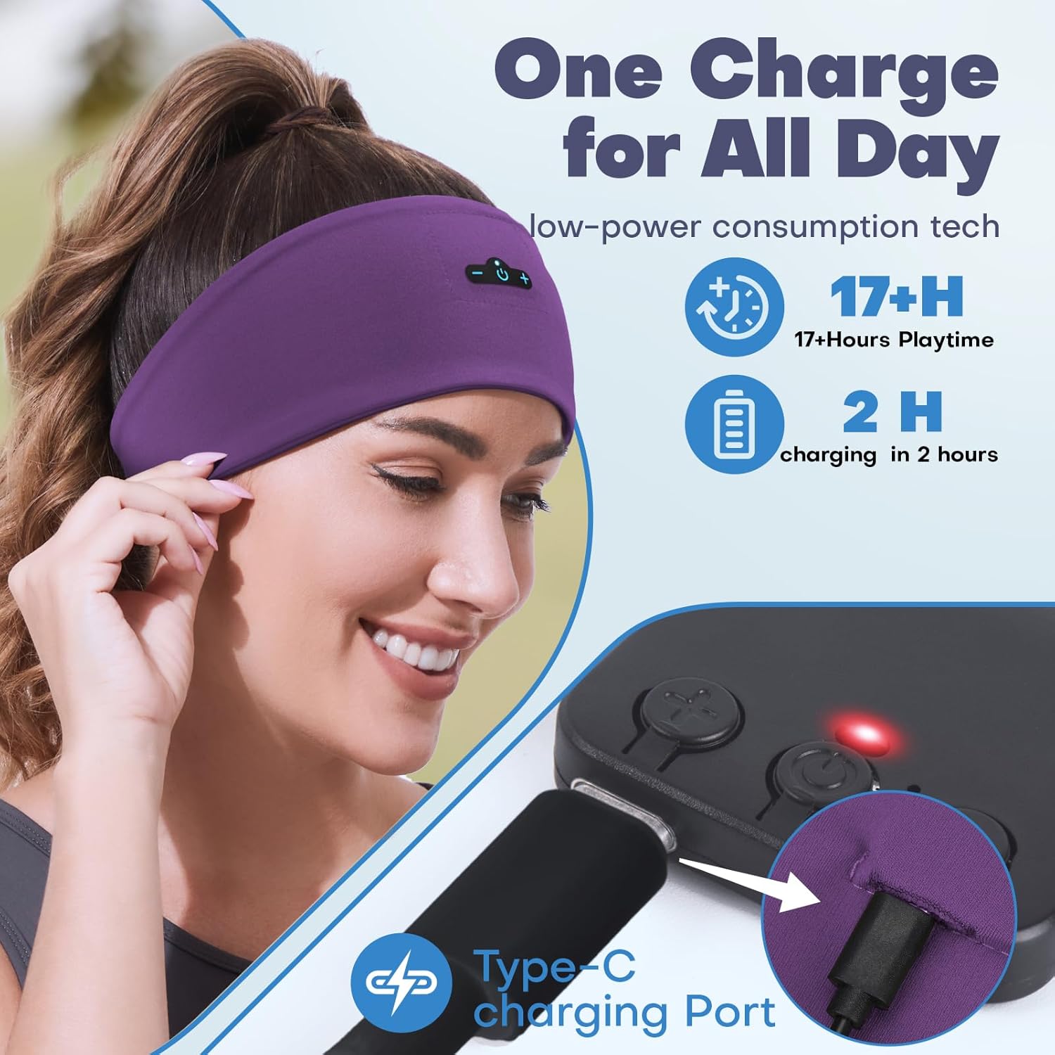 Sleep Headphones Bluetooth Headband for Side Sleeper, 17H Playtime, Wireless Headband Headphones with HD Stereo Speakers for Workout,Running,Yoga, Ideal Gifts for Men, Women, Teens, Black + Purple