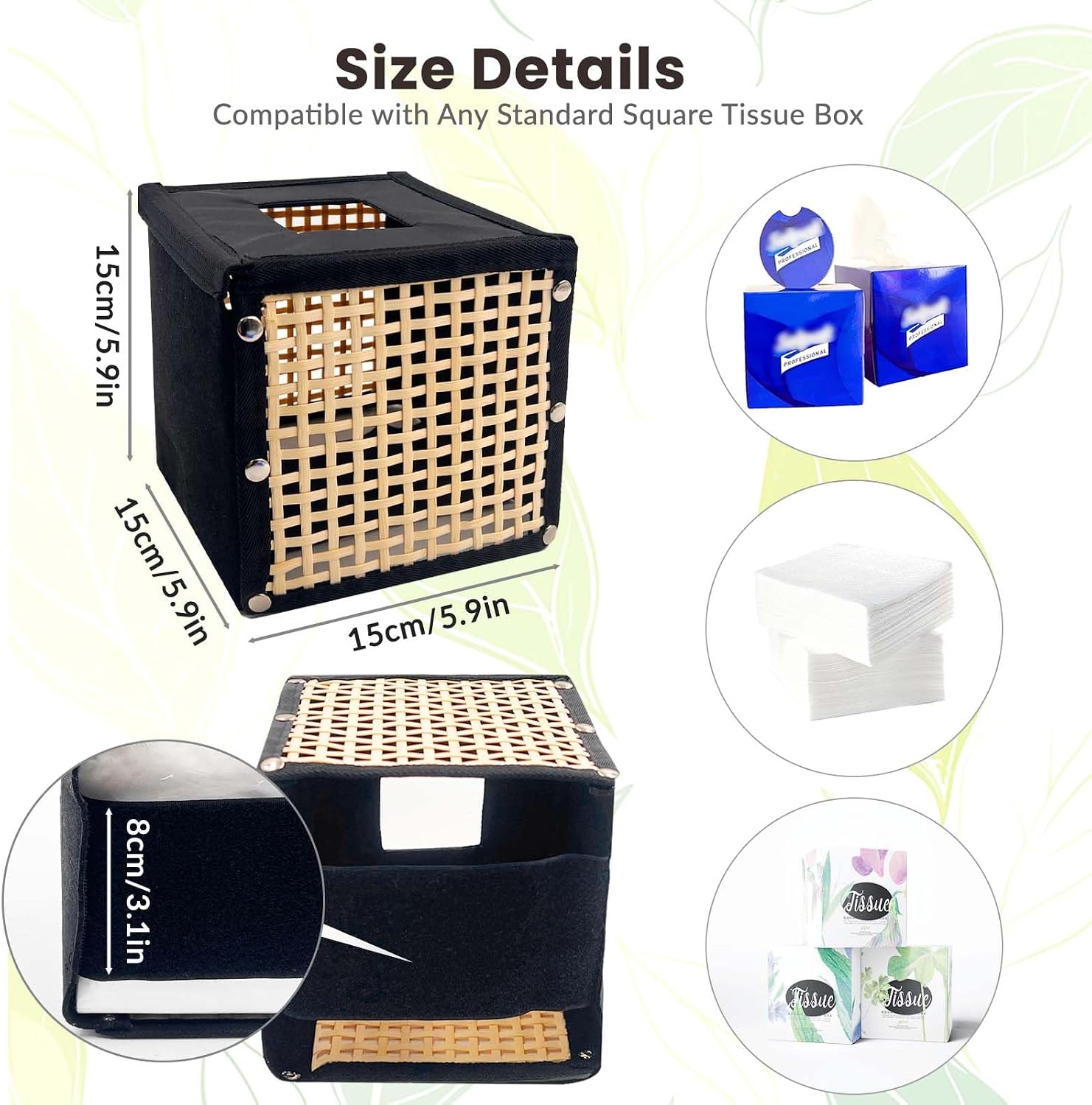 Daily Treasures Square Rattan Modern Tissue Box,Hand Woven Wicker Tabletop Tissue Paper Box Holder,Refillable Facial Tissue Cover Box with Hook and Loop Fasteners,Unique Tissue Holder for Home Ofiice