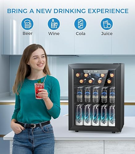 Miniatura 7 de Joy Pebble Refrigerador de bebidas de 1.7 pies cúbicos, mini refrigerador independiente con puerta de vidrio para cerveza y vino, dispensador de