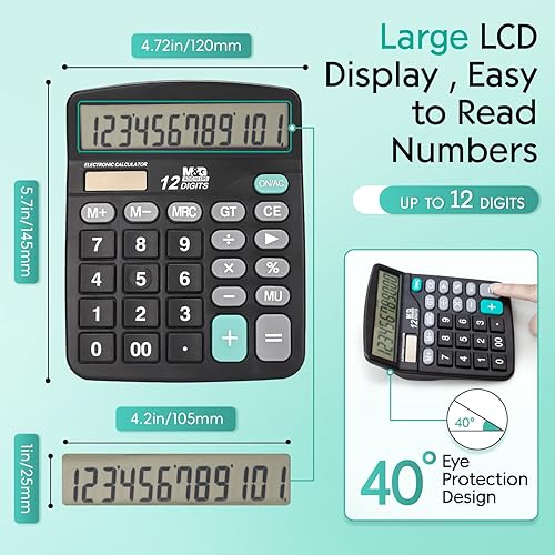 Miniatura 13 de M&G Calculadora de escritorio, pantalla LCD extragrande de 12 dígitos, energía solar dual y batería, calculadora de contabilidad con botón grande