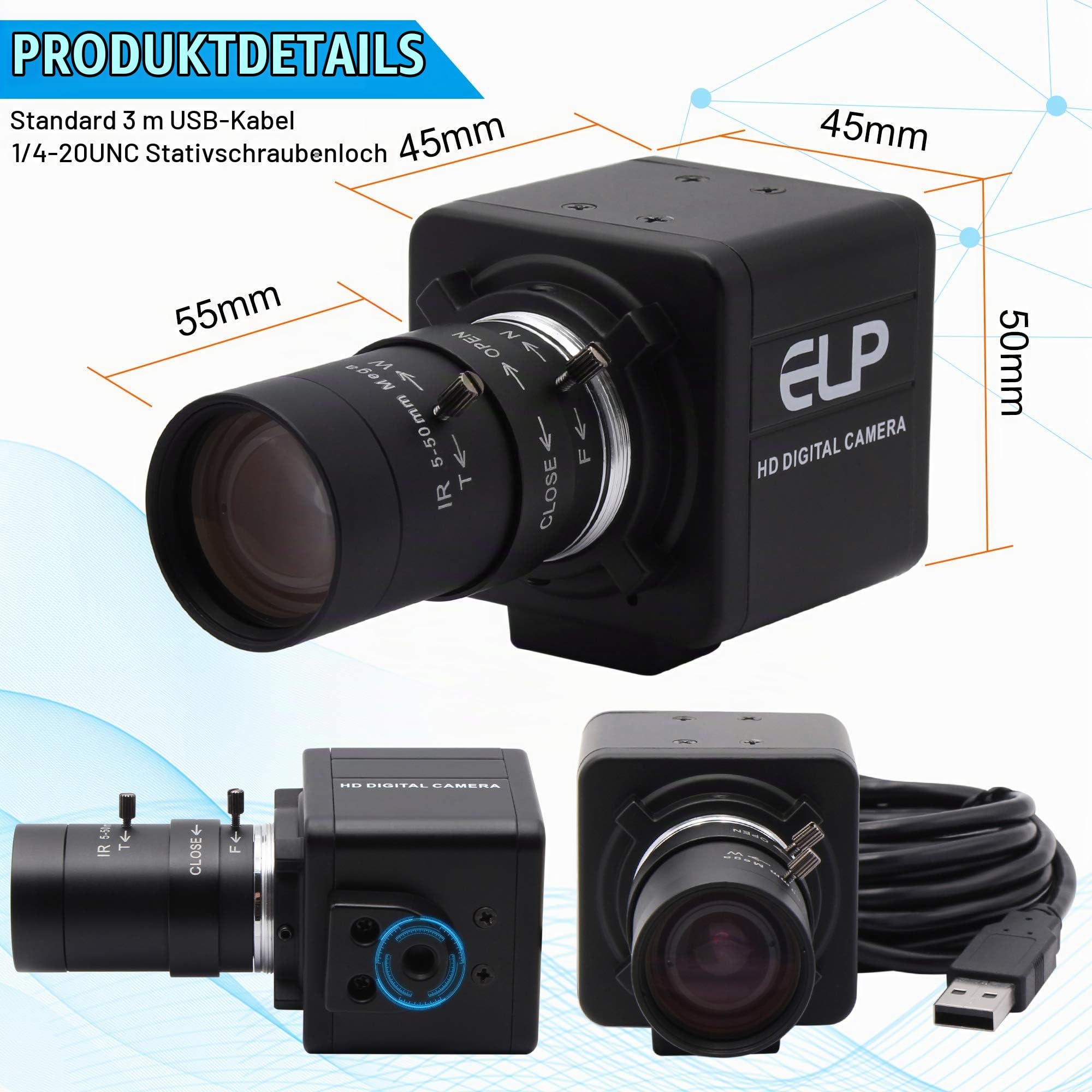 ELP 4K Web Kamera,Ultra HD IMX317 USB Kamera mit 5-50mm Zoom Objektiv,PC Mini Webkamera Unterstützung 3840x2160@30fps,2160P USB Videokonferenz Webcams für Windows/Linux USB4KHDR01-MFV(5-50)