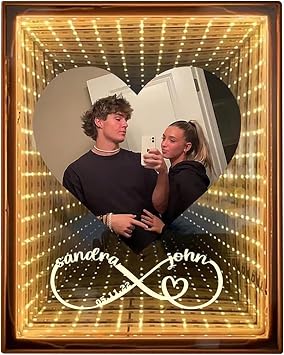 Personalized 3D Light Up Mirror with Couple Photo LED Name Picture Frame Make Up Mirror Creative Love Gifts for Girlfriend Wife Women Valentine Wedding Anniversary Birthday