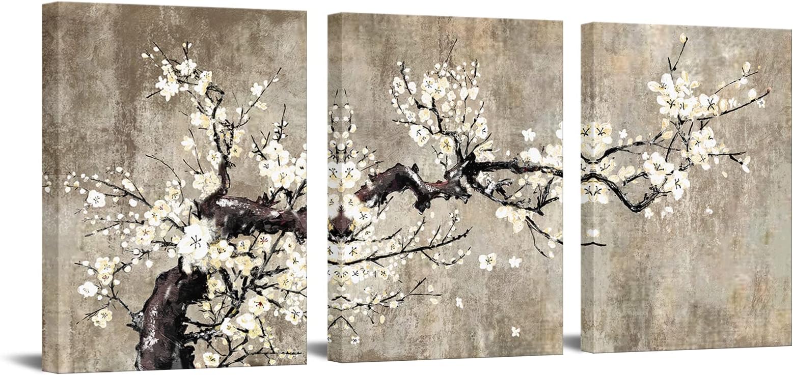 YeiLnm 3 Panels Flower Wall Art White Plum Blossom Canvas Picture Print Vintage Brown Paintings Elegant Floral Prints Artwork for Bathroom Kitchen Modern Country Home Wall Decoration