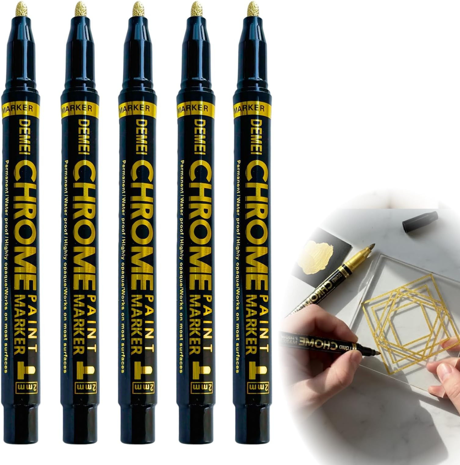 5 Pack Liquid Gold Chrome Markers with Mirror Gloss Finish, Gold Metallic Pen Set with Broad Tips, Permanent Marker Pen for Model Repairing, Crafts, Resin, Metal, Glass, Plastic and DIY Artwork