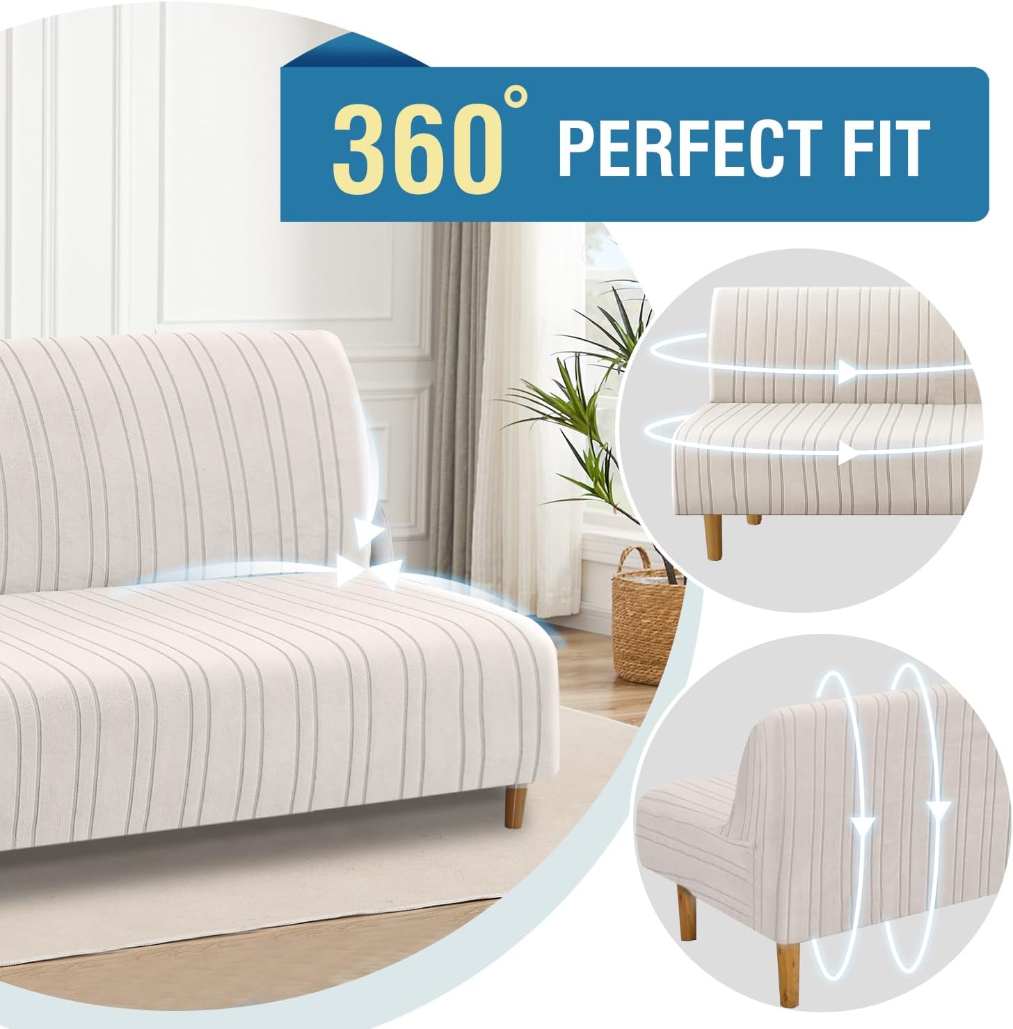 H.VERSAILTEX Stretch Futon Slipcover Armless Sofa Cover Furniture Protector Without Armrests Slipcover Soft with Elastic Bottom for Kids, Spandex Jacquard Modern Stripe Design, Ivory