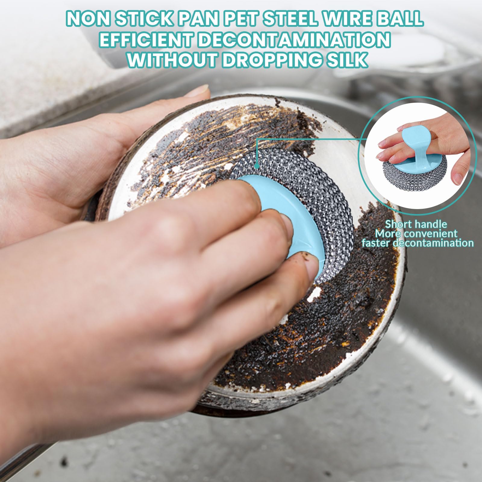 Brosse à Récurer Avec Manche - Laine D'acier Inoxydable, Pour Casseroles, Grilles Barbecue, éviers