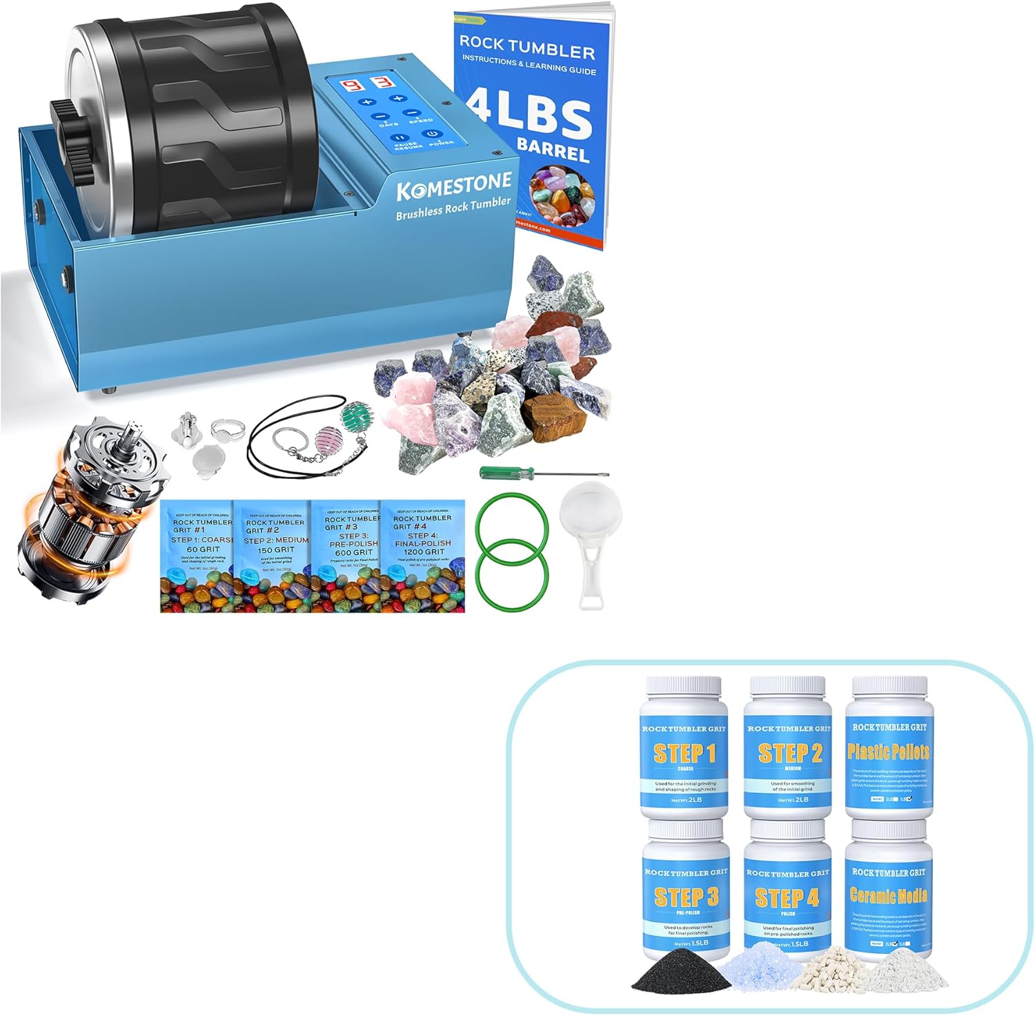 Professional Rock Tumbler Kit Bundle – 4LB Large Capacity Rock Tumbler with Brushless Motor, Heavy Metal Base, Adjustable Speed & 9-Day Timer + 10LB Rock Tumbling Grit & Polish Refill Kit with Ceramic