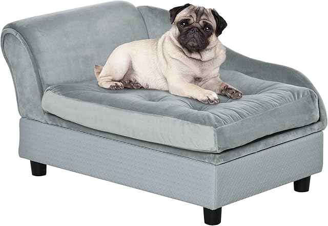 PawHut Dog Sofa for XS and S Size Dogs, Pet Chair Couch with Hidden Under Seat Storage, Kitten Sofa Bed with Soft Cushion Washable Cover, Wooden Frame - Grey