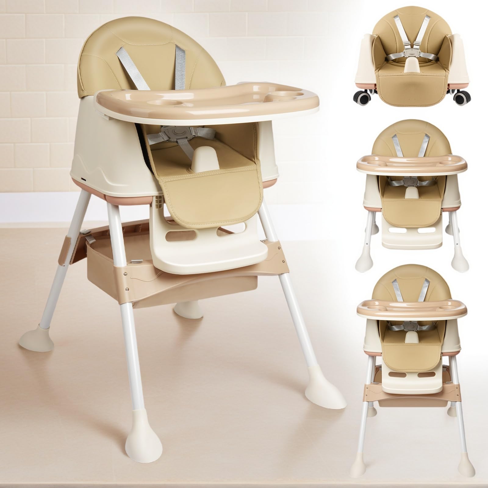 Chaise Haute Bébé 4-en-1 Évolutive, Hauteur et Inclinaison Réglables, Plateau Amovible et Roulettes, Siège Repas Enfant avec Harnais 5 Points, de 6 Mois à 4 Ans - Beige