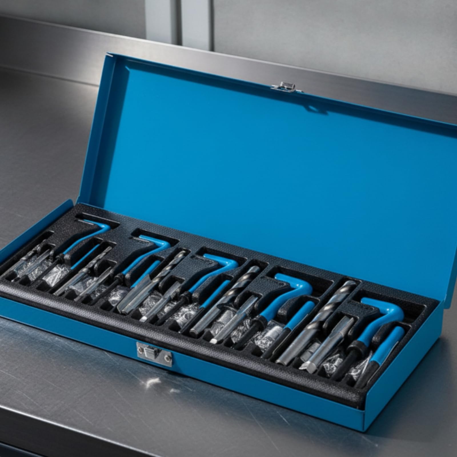 Kit Riparazione Filetti Cassetta in Metallo Inserto Filettato Set Alta Resistenza Set Inserti Filettati, Scatola Blu, Manico Blu